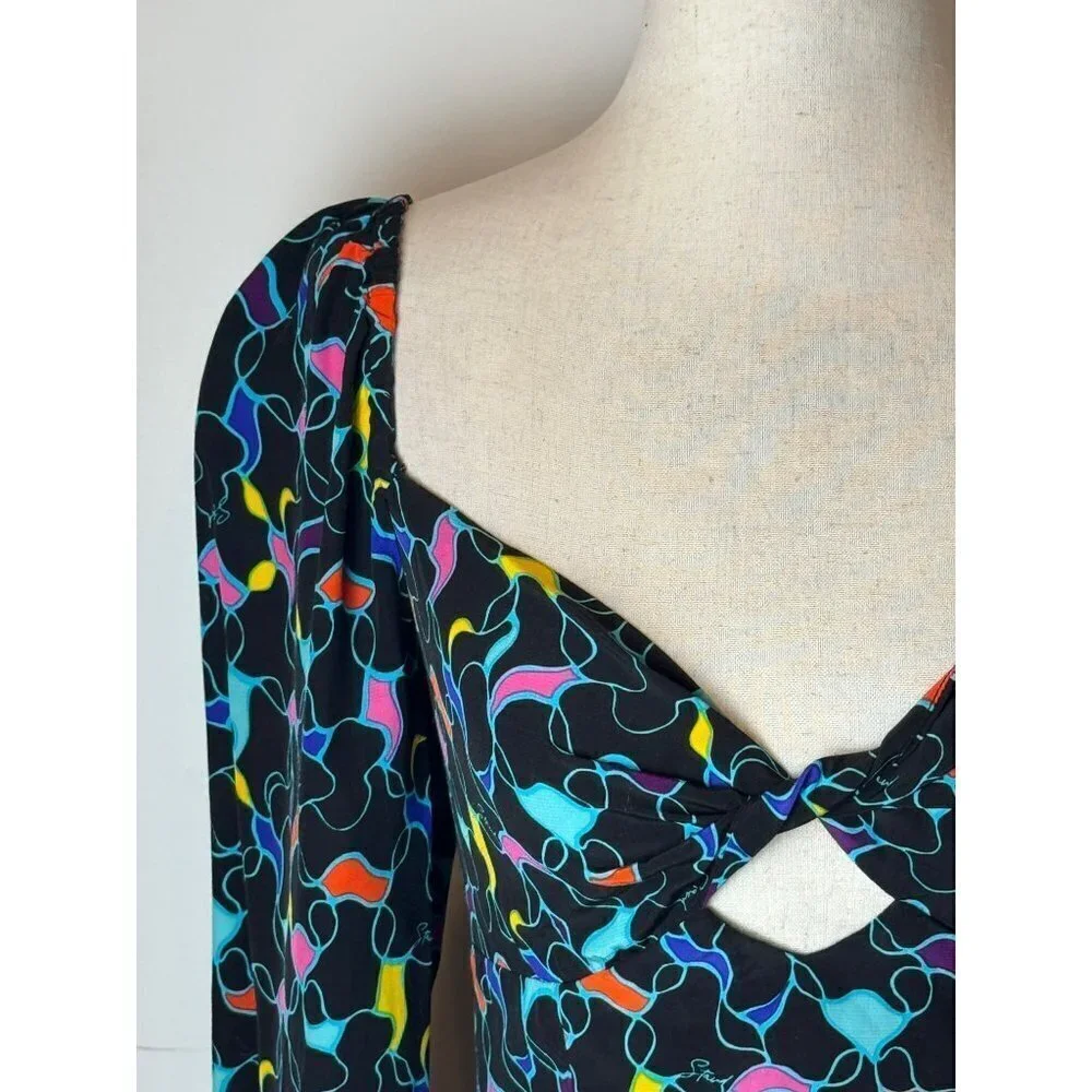 Staud Josephine Top Women 4 Black Abstract Print Long Sleeve Sweetheart Neck